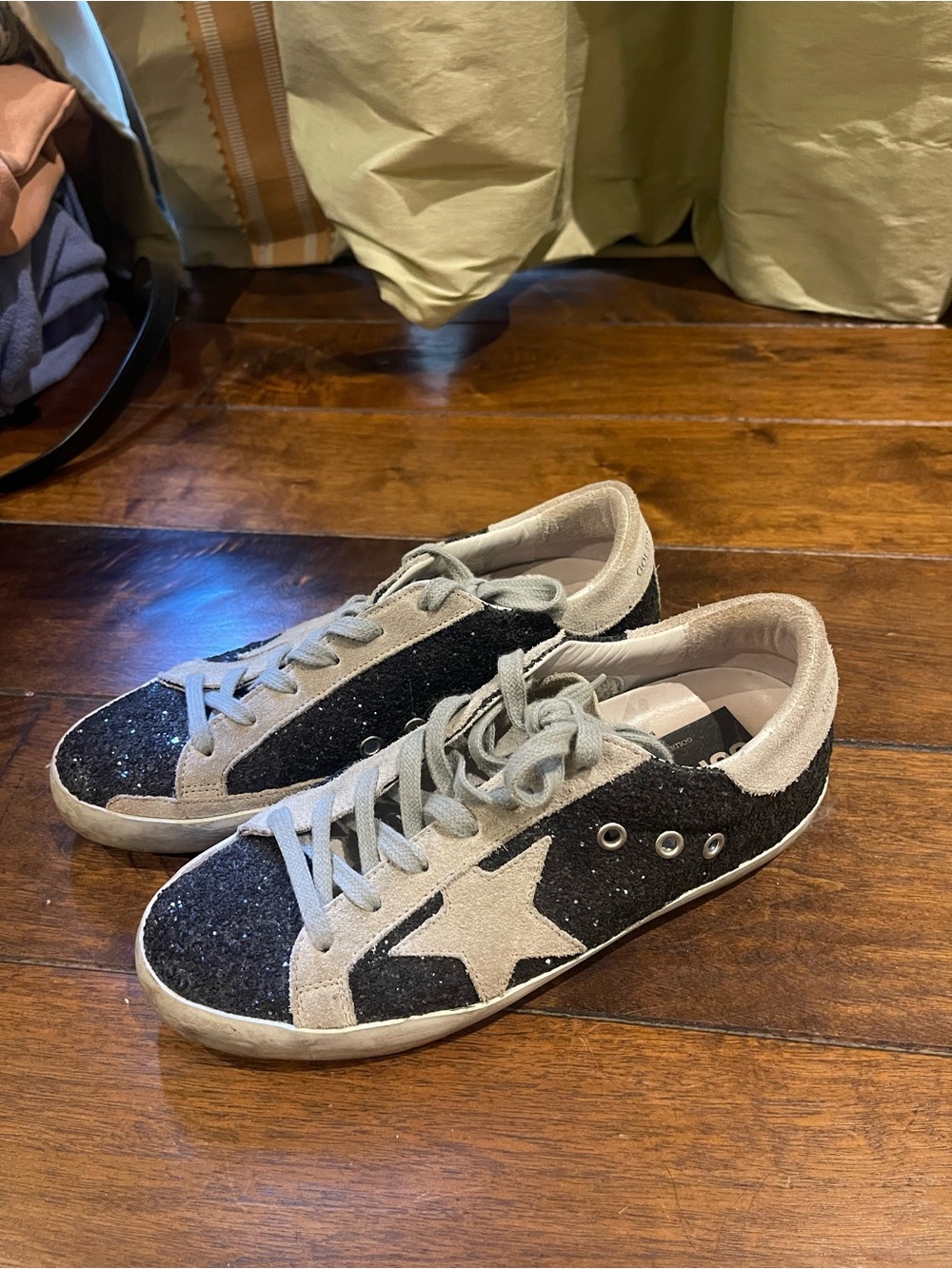 Golden Goose Super-Star Black Glitter & Gray Suede Sneakers